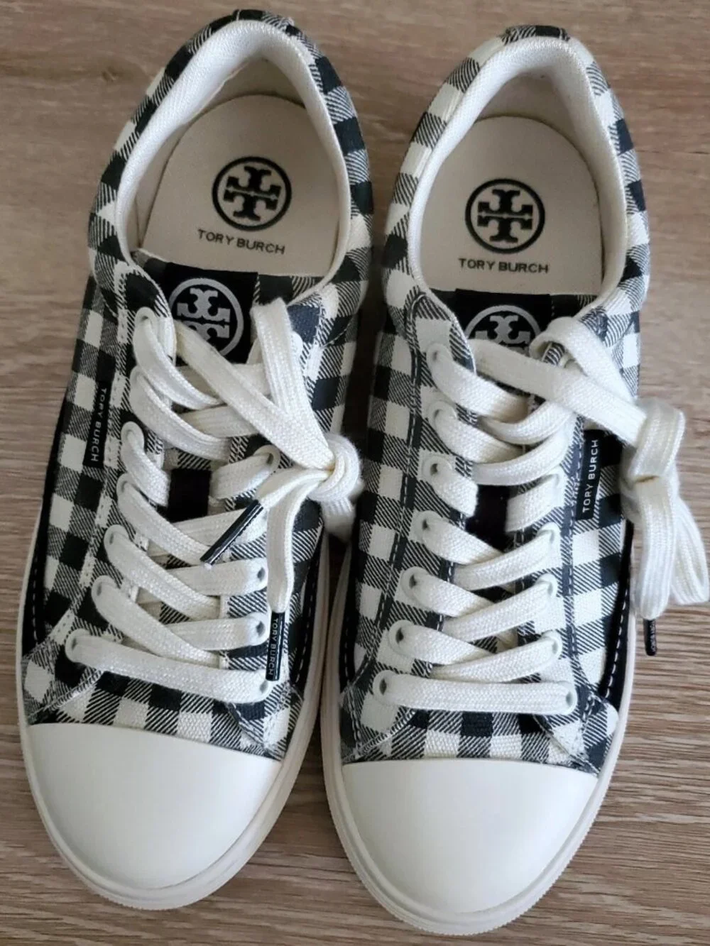 Tory Burch Classic Court Lace Up Black Gingham Canvas Sneaker Size 6